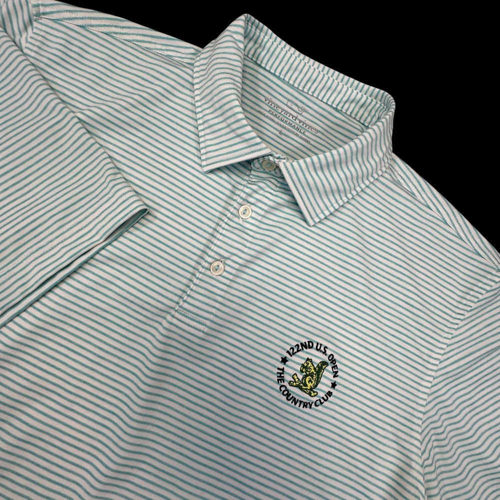 Vineyard Vines Performance Polo Mens L Teal Stripe US Open The Country Club Golf